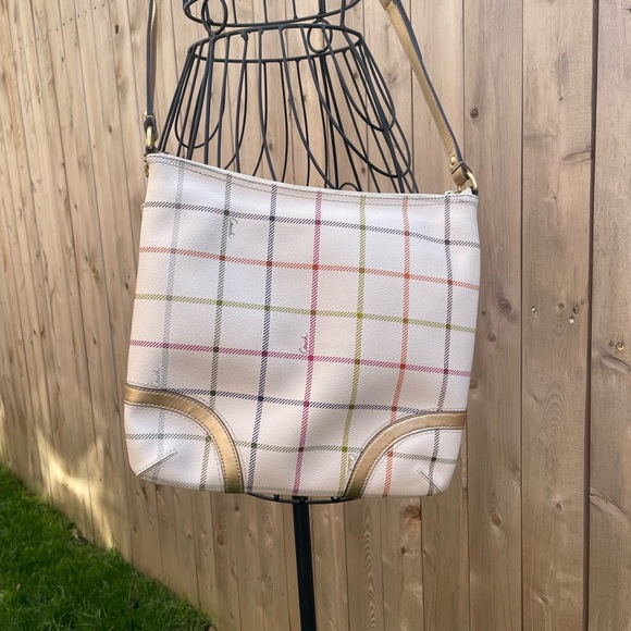 Coach Peyton Tattersall Crossbody Bag Plaid Purse White Gold Leather - Picture 13 of 16
